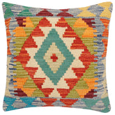 18x18 hand woven kilim throw pillow in rust, blue and beige - Bohemian Niesha