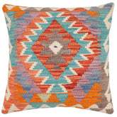 18x18 hand woven kilim throw pillow in rust, blue and beige - Bohemian Sharla