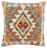 18x18 hand woven kilim throw pillow in rust, blue and beige - Boho Chic Shelia