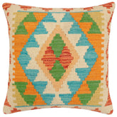 18x18 hand woven kilim throw pillow in rust, blue and beige - Boho Chic Lim
