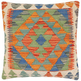 18x18 hand woven kilim throw pillow in rust, blue and gray - Bohemian Georgie
