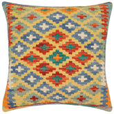 18x18 hand woven kilim throw pillow in gold, rust and blue - Rustic Patti