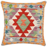 18x18 hand woven kilim throw pillow in rust, blue and beige - Bohemian Genevive