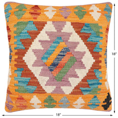 handmade Traditional Pillow Blue Orange Hand-Woven SQUARE 100% WOOL Hand woven turkish pillow2 x 2
