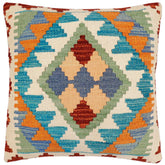 18x18 hand woven kilim throw pillow in blue, rust and beige - Bohemian Shameka