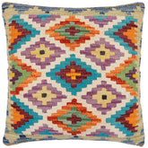 18x18 hand woven kilim throw pillow in rust, blue and beige - Bohemian Fawn