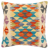 18x18 hand woven kilim throw pillow in rust, blue and beige - Bohemian Wonda