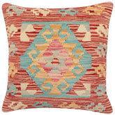 18x18 hand woven kilim throw pillow in red, blue and beige - Boho Chic Janeen