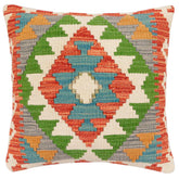 18x18 hand woven kilim throw pillow in rust, blue and green - Boho Chic Emiko