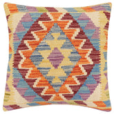 18x18 hand woven kilim throw pillow in rust, blue and gold - Boho Chic Carita