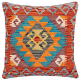 18x18 hand woven kilim throw pillow in rust, blue and gray - Bohemian Lessie