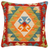 18x18 hand woven kilim throw pillow in rust, blue and beige - Bohemian Sina