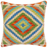 18x18 hand woven kilim throw pillow in rust, beige and blue - Boho Chic Francina