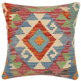 18x18 hand woven kilim throw pillow in rust, blue and beige - Bohemian Carri