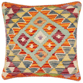 18x18 hand woven kilim throw pillow in rust, blue and gray - Bohemian Lawanda