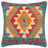 18x18 hand woven kilim throw pillow in rust, blue and beige - Boho Chic Minta