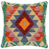 18x18 hand woven kilim throw pillow in rust, blue and burgundy - Bohemian Kanisha
