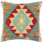 18x18 hand woven kilim throw pillow in rust, blue and beige - Boho Chic Anisha