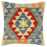 18x18 hand woven kilim throw pillow in rust, blue and beige - Boho Chic Lakenya