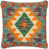 18x18 hand woven kilim throw pillow in rust, green and beige - Boho Chic Jayna