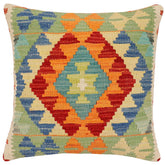 18x18 hand woven kilim throw pillow in rust, blue and beige - Boho Chic Ping