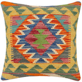18x18 hand woven kilim throw pillow in rust, blue and gold - Bohemian Marietta