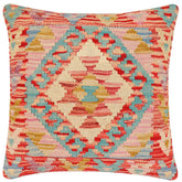 18x18 hand woven kilim throw pillow in red, blue and beige - Bohemian Aurea