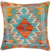 18x18 hand woven kilim throw pillow in rust, blue and beige - Boho Chic Jovan