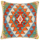 18x18 hand woven kilim throw pillow in rust, blue and beige - Bohemian Inger