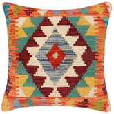 18x18 hand woven kilim throw pillow in rust, blue and beige - Boho Chic Lauryn