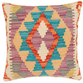 18x18 hand woven kilim throw pillow in rust, blue and gray - Boho Chic Arla