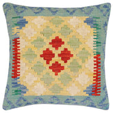 18x18 hand woven kilim throw pillow in blue, red and beige - Boho Chic Celina