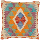 18x18 hand woven kilim throw pillow in rust, blue and beige - Bohemian Patsy