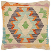 18x18 hand woven kilim throw pillow in rust, blue and beige - Bohemian So