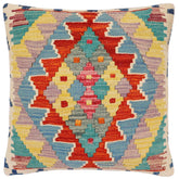 18x18 hand woven kilim throw pillow in rust, blue and red - Boho Chic Illa
