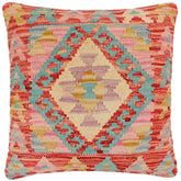18x18 hand woven kilim throw pillow in red, blue and beige - Boho Chic Nevada