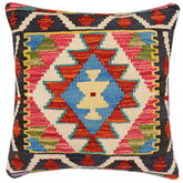 18x18 hand woven kilim throw pillow in rust, blue and beige - Bohemian Elmira