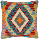 18x18 hand woven kilim throw pillow in rust, blue and gray - Boho Chic Jamee
