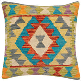 18x18 hand woven kilim throw pillow in rust, blue and gray - Bohemian Ursula