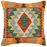 18x18 hand woven kilim throw pillow in rust, blue and beige - Boho Chic Jessia