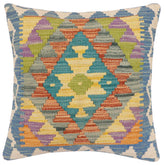 18x18 hand woven kilim throw pillow in blue, beige and brown - Boho Chic Rikki