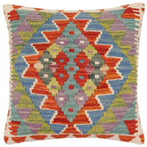 18x18 hand woven kilim throw pillow in rust, blue and beige - Bohemian Lahoma