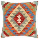 18x18 hand woven kilim throw pillow in rust, blue and beige - Boho Chic Leonora