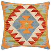 18x18 hand woven kilim throw pillow in rust, blue and beige - Boho Chic Elli