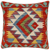 18x18 hand woven kilim throw pillow in rust, blue and beige - Bohemian Slater