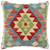 18x18 hand woven kilim throw pillow in rust, blue and beige - Boho Chic Milne
