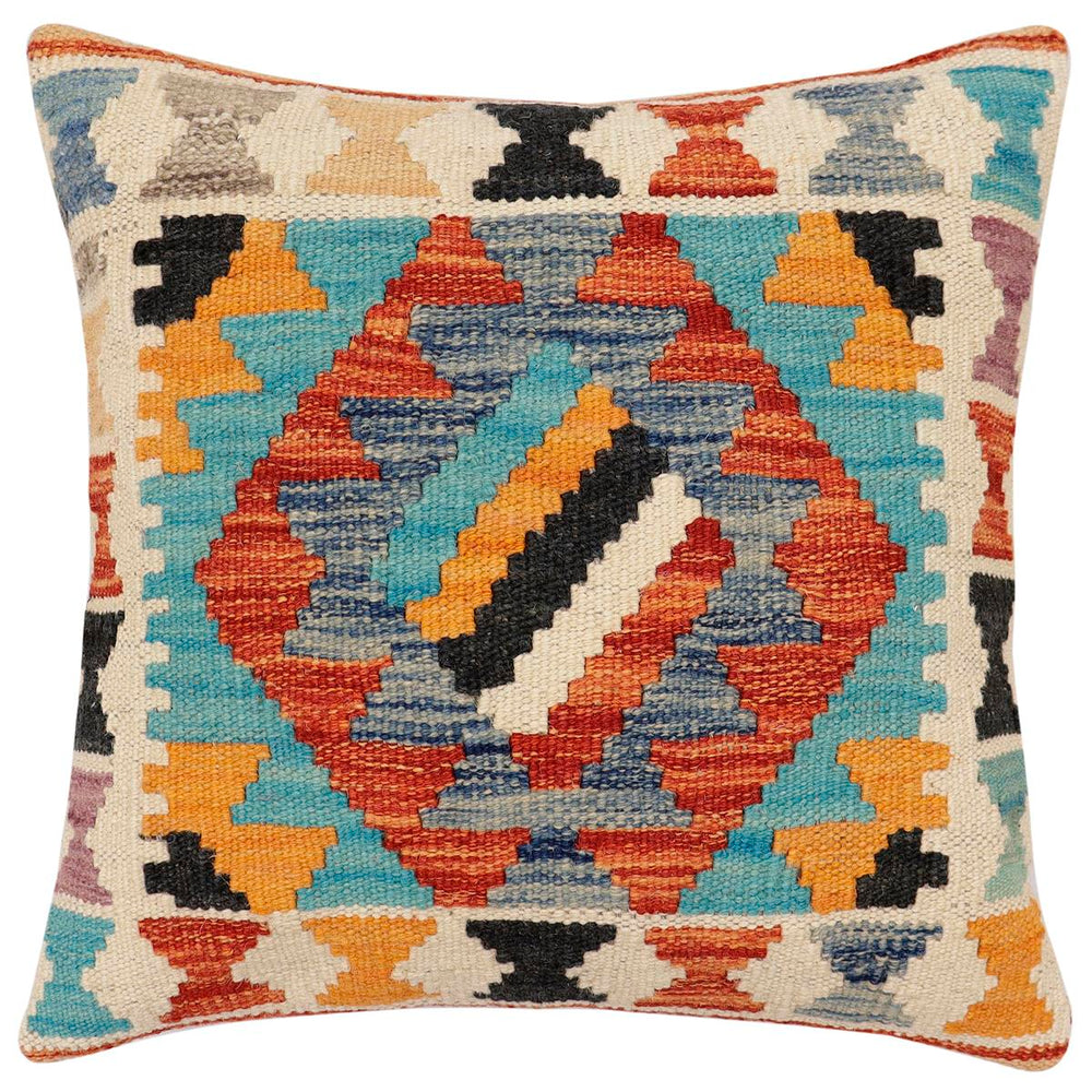 handmade Traditional Pillow Rust Blue Hand-Woven SQUARE 100% WOOL Hand woven turkish pillow 2 x 2