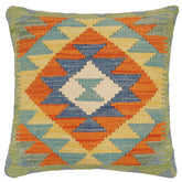 18x18 hand woven kilim throw pillow in rust, blue and beige - Boho Chic Parry