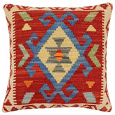 18x18 hand woven kilim throw pillow in rust, blue and gold - Boho Chic Currie