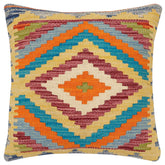 18x18 hand woven kilim throw pillow in rust, blue and burgundy - Boho Chic Potts
